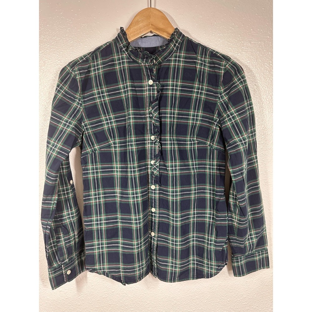 Talbots Shirt Womens 6P Navy Green‎ Plaid Long Sleeve Ruffle Button Down Top